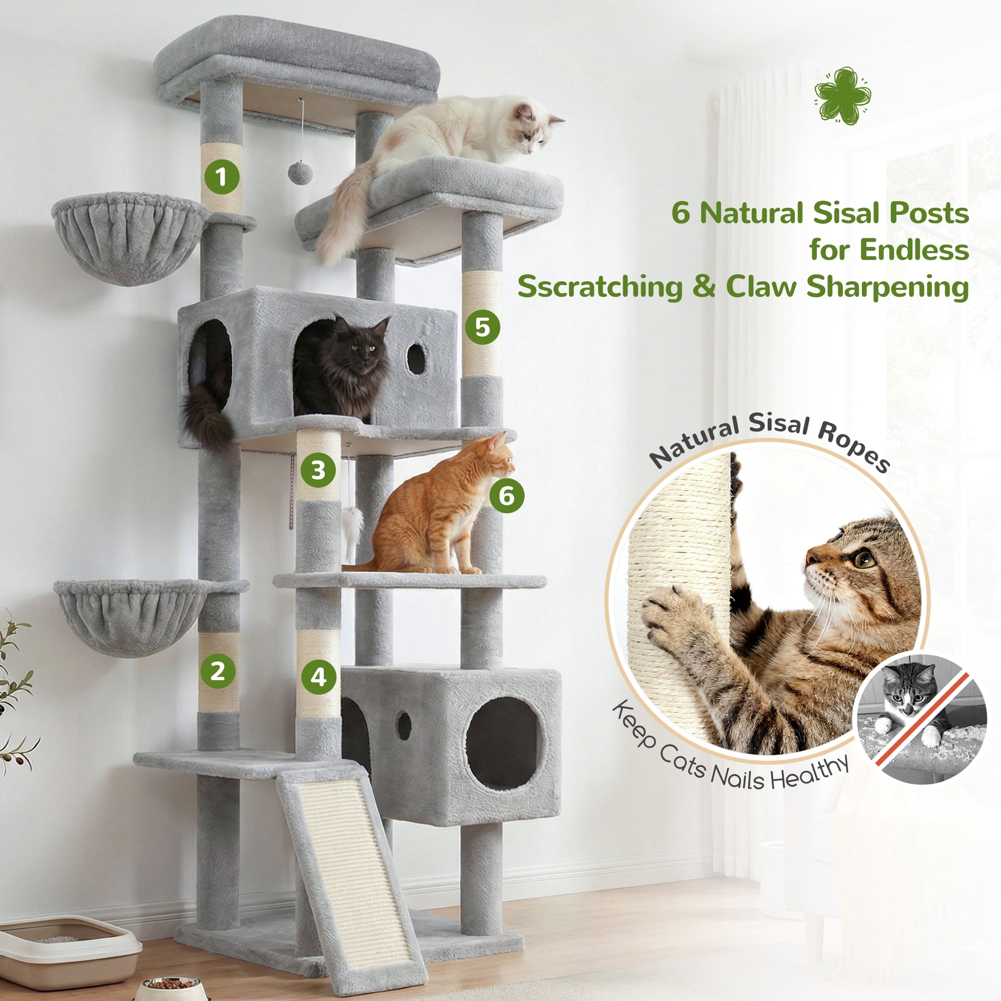 Globlazer 77" Large Cat Tree and Tower Condo for Indoor Cats with Sisal Scratching Posts, Condos, Hammock & Hammock, Light Gray