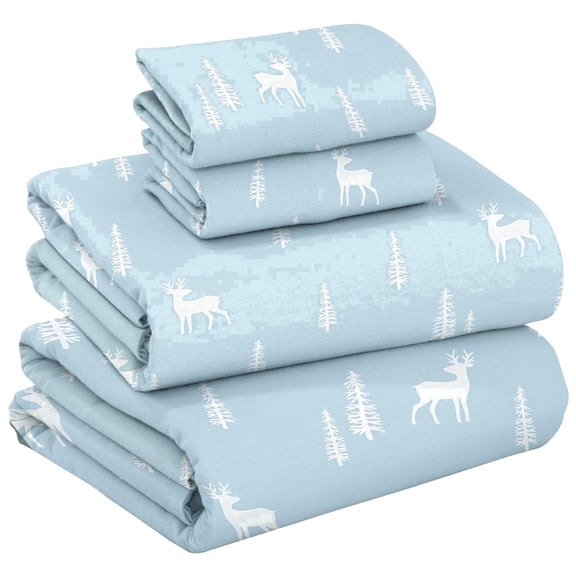 RUVANTI Flannel Sheets Queen Size - GOTS Certified 100% Organic Cotton, 4 Piece Warm, Soft & Breathable Set, Deep Pocket Snug Fit, Double Brushed Cozy All Season Bedding, Blue Pine