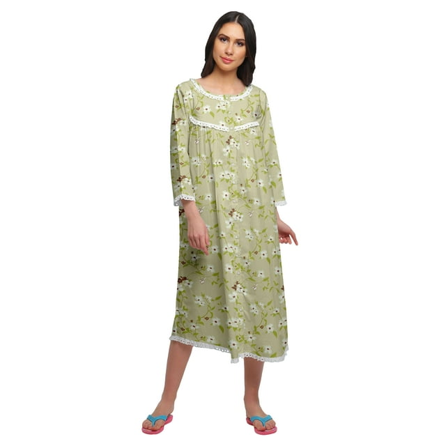 Moomaya Robe de Nuit Imprimée Longueur Genou en Coton avec Bordure en Dentelle Manches 3/4 pour Femmes