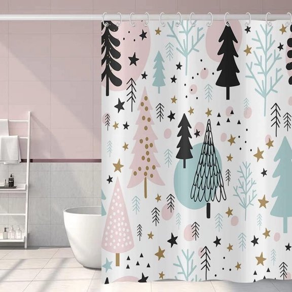 Christmas Shower Curtain, Mizhona Xmas Tree Merry Bath Curtain Plants Stars Holiday Cute Winter Bathroom Curtains with Hooks Waterproof Fabric for Home Decor, 72'''' Wx72 H Pink