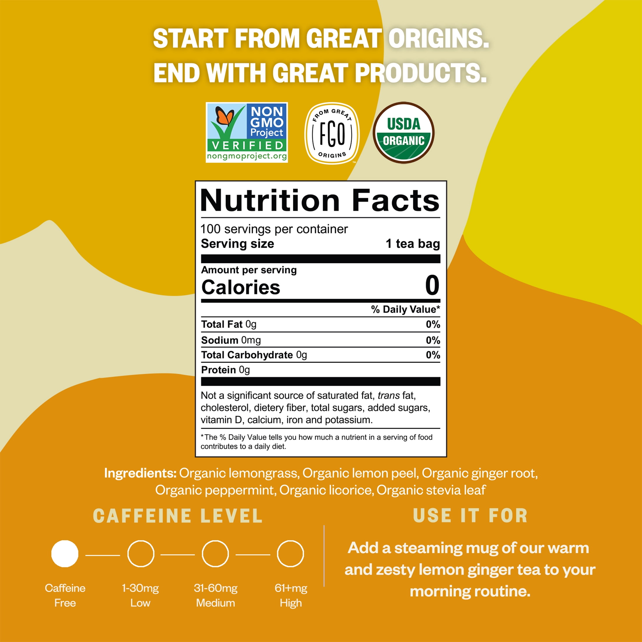FGO Lemon Ginger Tea, Organic, Eco-Conscious Tea Bags (100 Count)