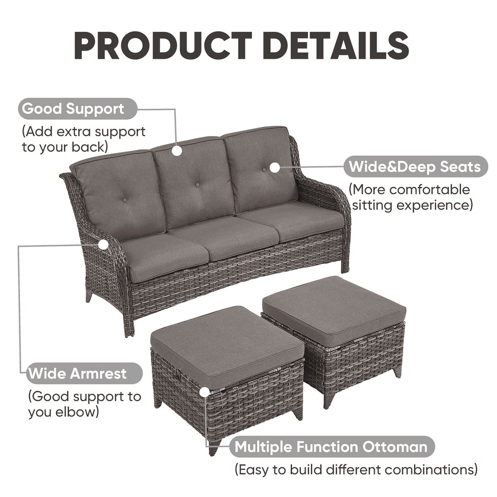 PARKWELL 5-Piece Outdoor Wicker Conversation Set Patio Furniture Couch Rocking Chairs Set with Ottoman,Gray