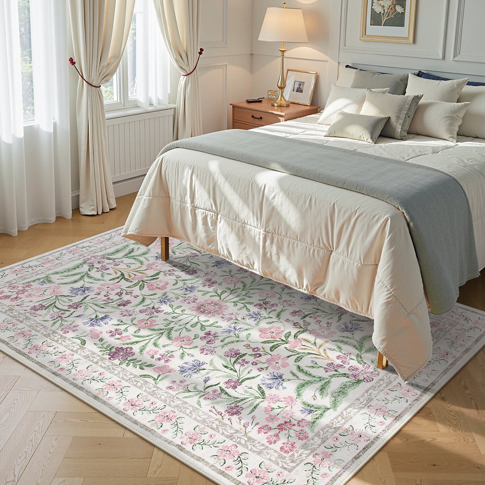 Lahome 5'x7' Washable Area Rug for Living Room with Non Slip Backing,Traditional Boho Rug,Low Pile Lightweight Carpet,Floral Print Mat,Better Home,Washable Machine for Bedroom,Purple