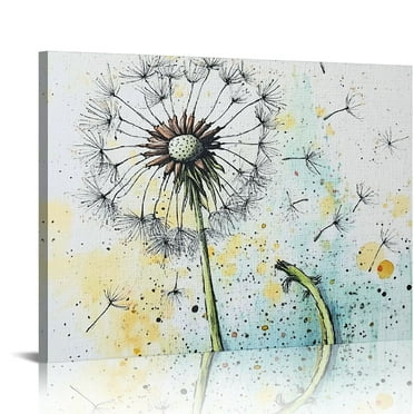 Dandelion Painting Watercolor Botanical Plant Wind Vitality Life Canvas Wall Art For Home/Office/Living Room/Bedroom Artwork Decor White