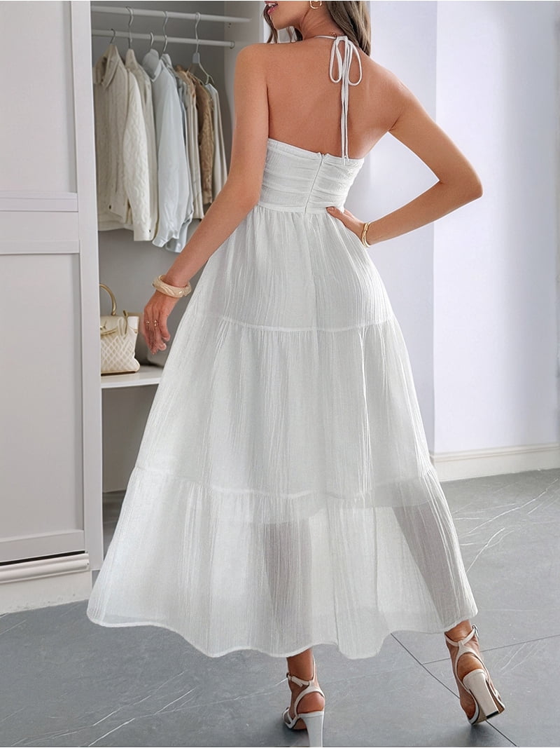 white flowy dress casual Women'S Shalterneck Maxi Dress Summer Sleeveless Dress Casual Boho Backless  Flowy Long Dresses White S