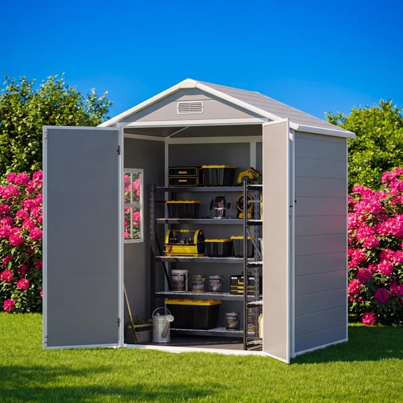Asofer 6'x4' Resin Outdoor Storage Shed with Reinforced Built-In Floor for Backyard Lawn Mower Bike Storage, Gray