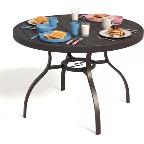 41” Patio Outdoor Dining Table, Wood-Grain Patio Round Table with Umbrella Hole, All-Weather Metal Dining Table for Party, Lawn & Garden