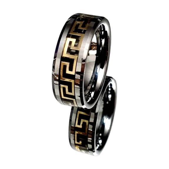 Gold Silver Band, Tungsten Men's Ring, Greek Design Band, Wedding and Statement Ring, Gift for him