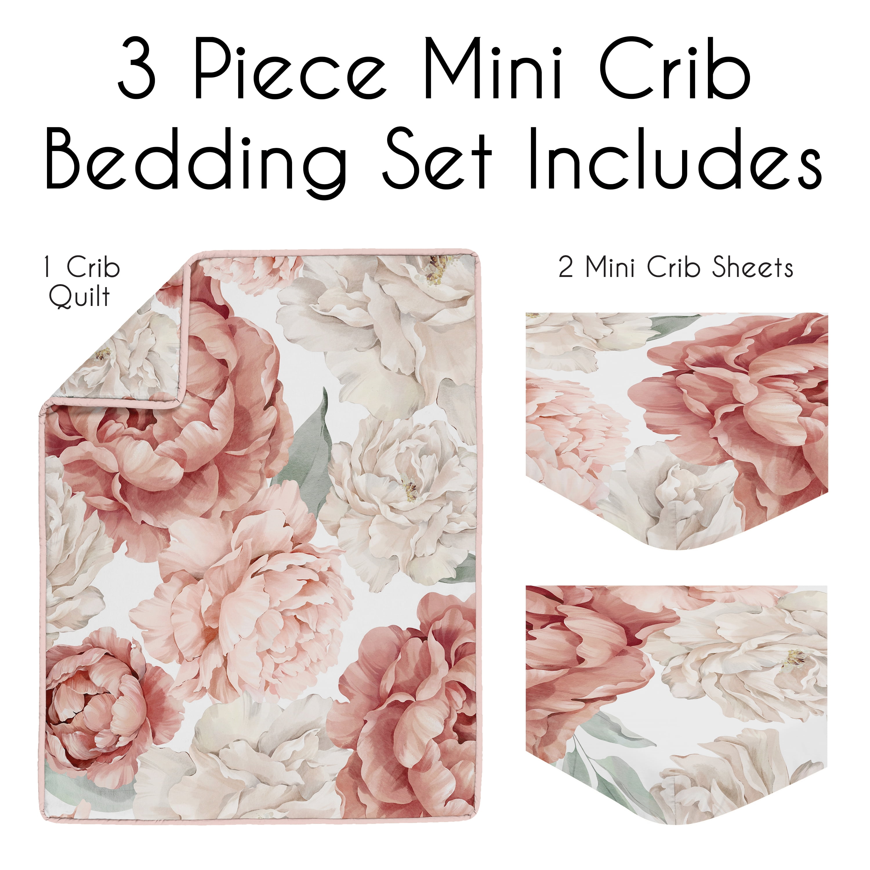 Sweet Jojo Designs Peony Floral Garden Pink and Ivory 3 Piece Mini Crib Bedding Set