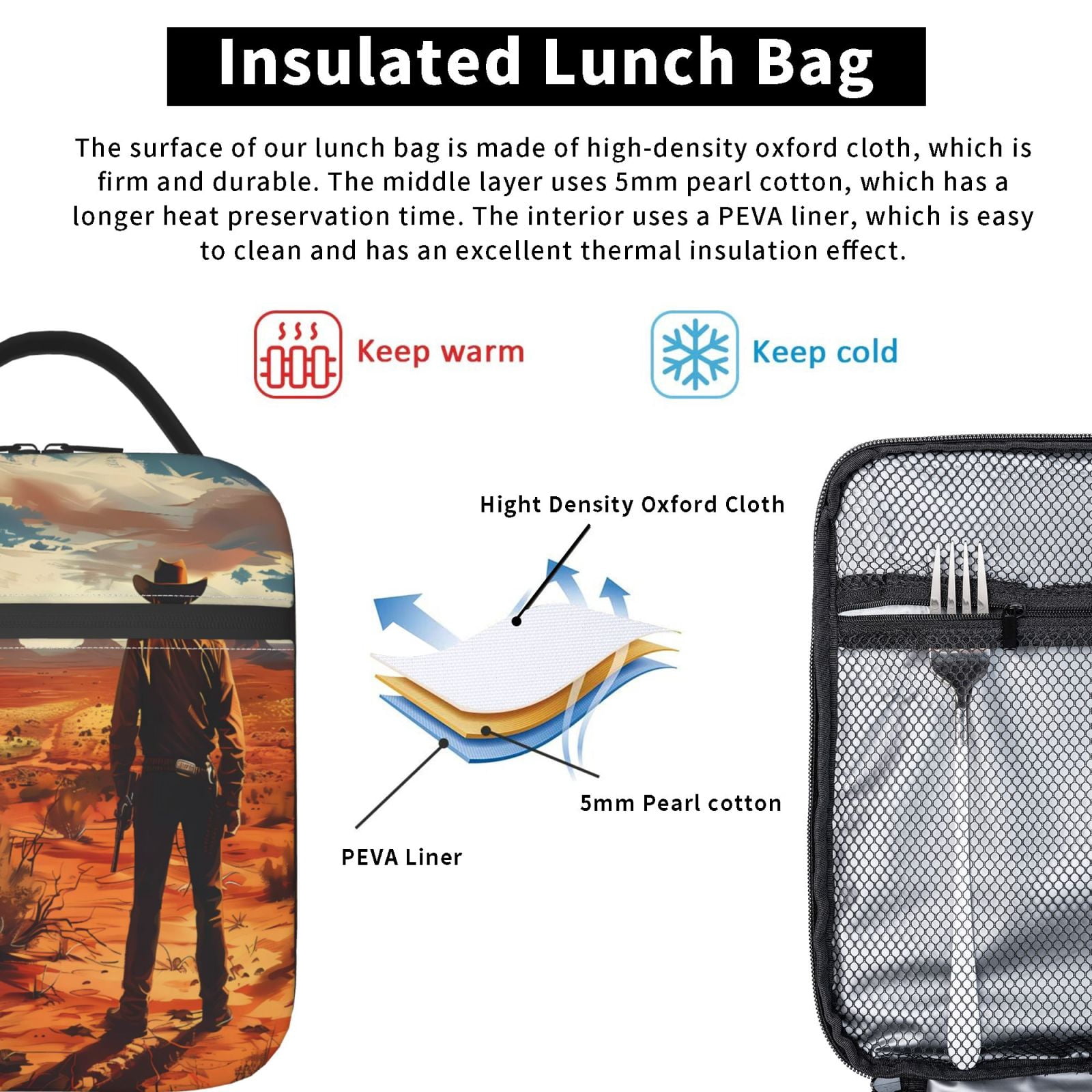 Lunch Bag For Women Men Insulated Portable Lunch Box Bento Box Office Picnic Travel Cooler Bag Cowboy Western Desert (2)
