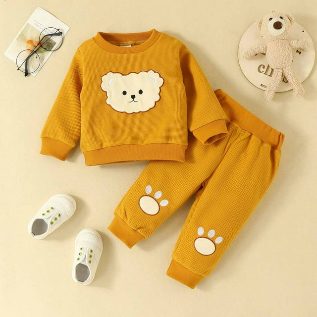 Tenues 2 Pcs pour Filles Hiver Ours Brodé Manches Longues Col Rond Chandail Pantalon Ensemble 2 Pcs en Liquidation