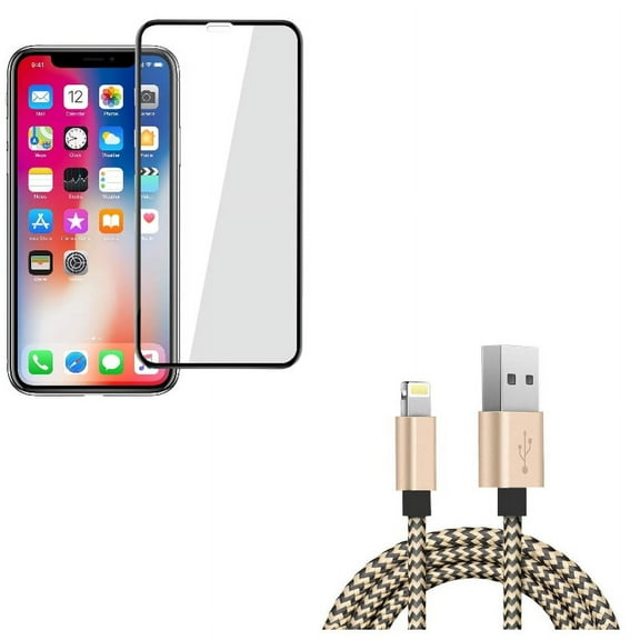 iPhone XS/X - Tempered Glass Screen Protector w 6ft USB Cable - 5D Touch Curved Edge Full Cover Bubble Free Case Friendly 9H Hardness, Charger Cord Power Wire Sync Braided