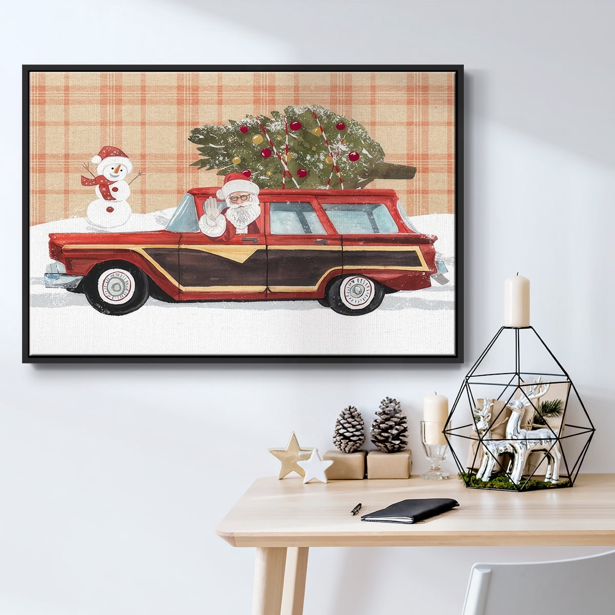 Santa on Wheels I - Framed Gallery Wrapped Holiday Canvas - 17 x 25 - Black Frame