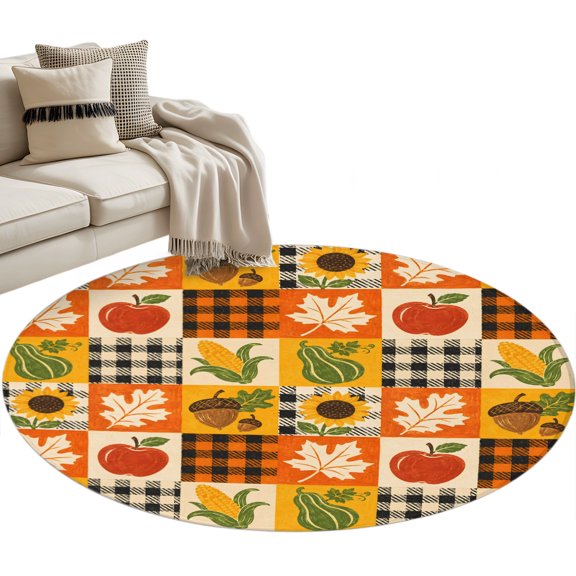 Thanksgiving Round Rug 3ft Washable Circle Entryway Rugs Non Slip Fall Farmhouse Harvest Vegetables Patchwork Area Rug Indoor Floor Carpet for Bedroom Kitchen Living Room Home Office Dining Room