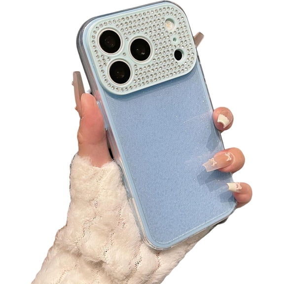 Solid Color Bling Glitter Diamond Camera Protect Phone Case for iPhone (Blue,iPhone 17 Pro)