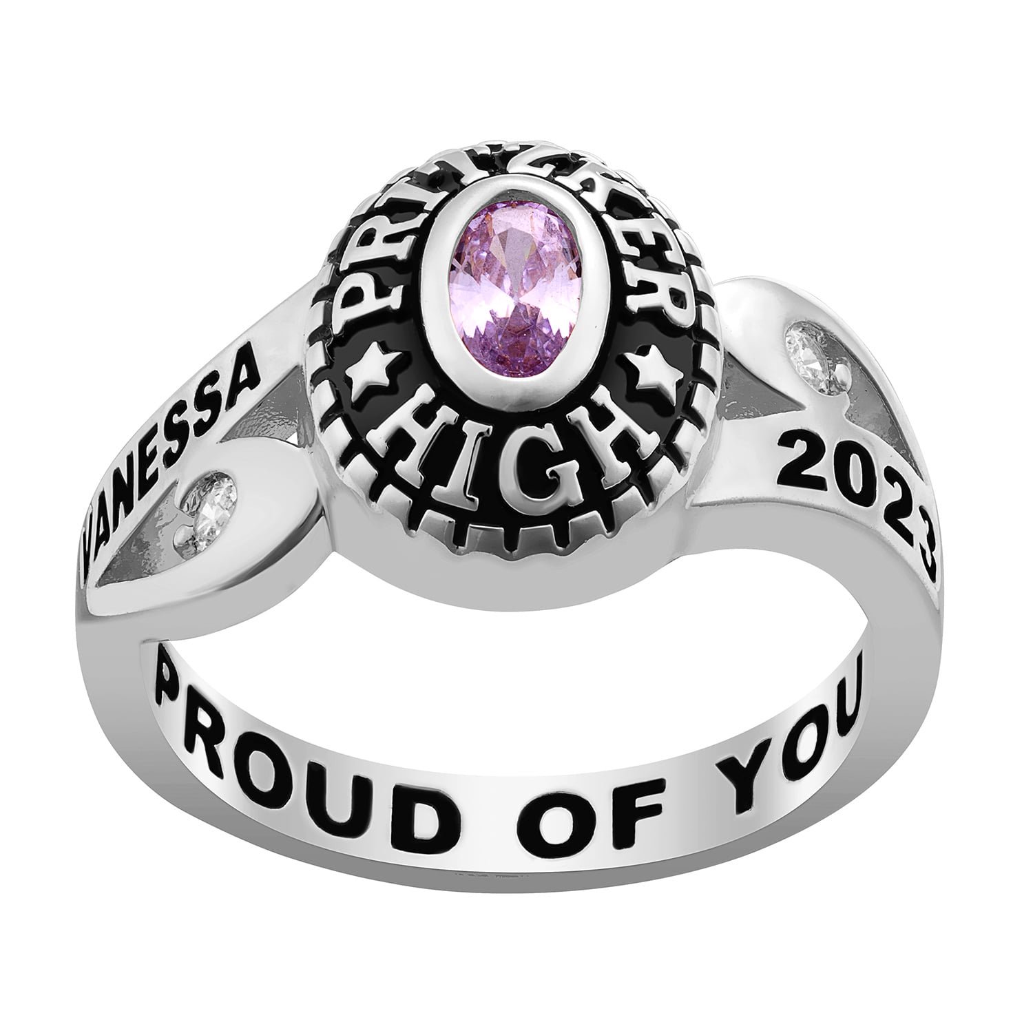 Bhavani Gems CLASS RING Women's Silver Cubic CZ Scroll Bypass Birthstone Class Ring, Personalized, High School or College Graduation