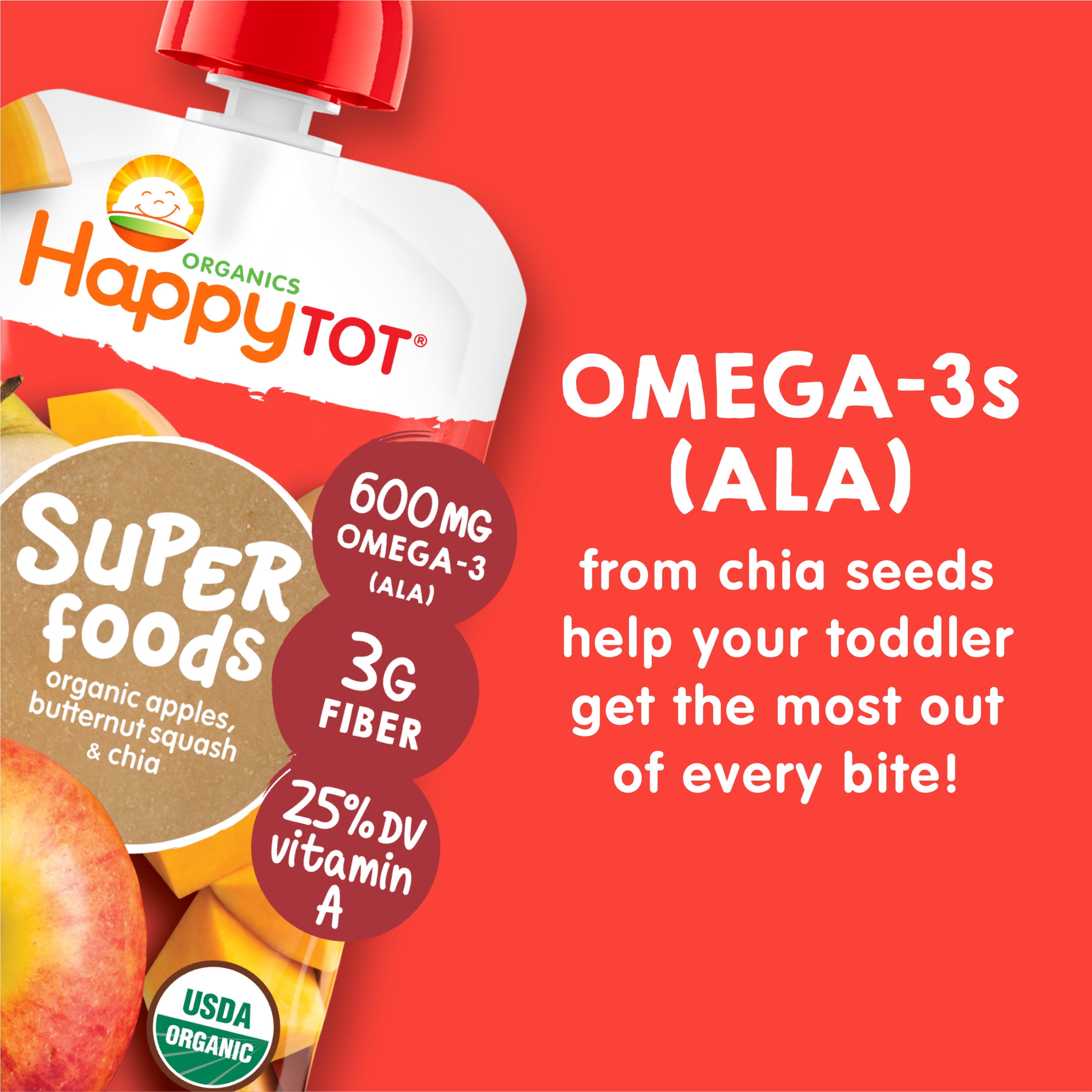 Happy Tot Organics Super Foods Stage 4, Apples Butternut Squash & Super Chia, Organic Tot Food, 4.22 oz Pouch