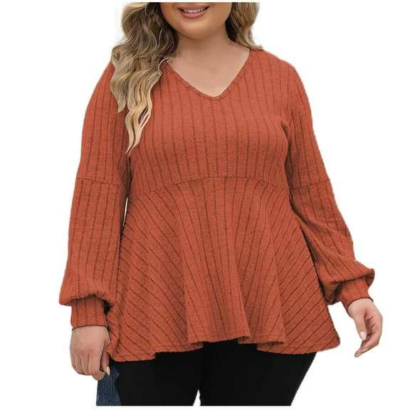 STETMN Women Plus Size Blouses Lantern Long Sleeve V Neck Striped Tops Dressy Loose Fit Pullover Sweaters