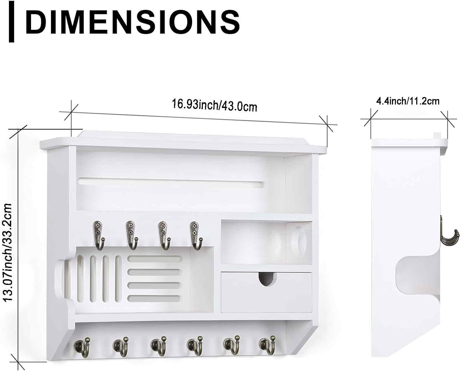 Key Holder for Wall, Mail and Key Holder, Mail Organizer Wall Mount with Storage Drawer and 10 Hooks, Easy Installation Key Holder for Home Decor, White