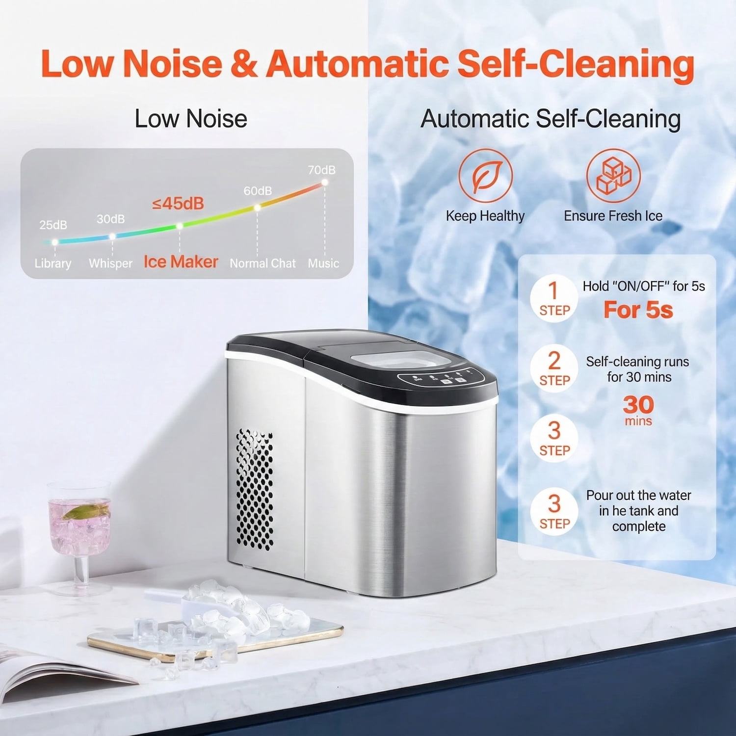 Countertop Ice Maker, 9 Cubes in 6 Mins/33lbs per Day, Self-Cleaning with 2 Bullet Ice Sizes, for Home, Kitchen, Office, Party