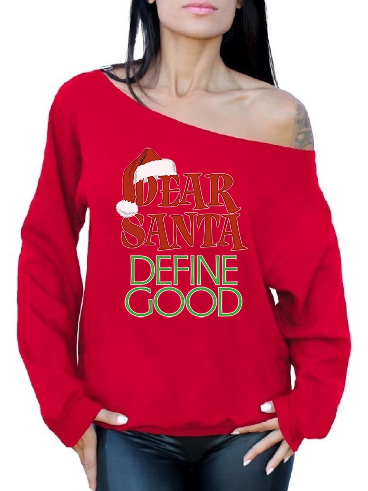 Awkward Styles Awkward Styles Dear Santa Define Good Christmas Sweatshirt Off The Shoulder Sweatshirt Sweater Funny Tacky Holiday Party Slouchy Oversized Sweatshirt Off The Shoulder Top Santa Ugly Christmas Sweater