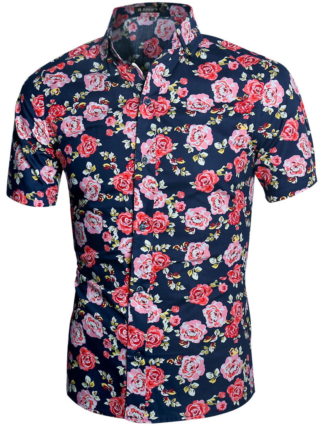 Men Flower Print Slim Fit Short Sleeve Button Down Hawaiian Shirt Navy ...