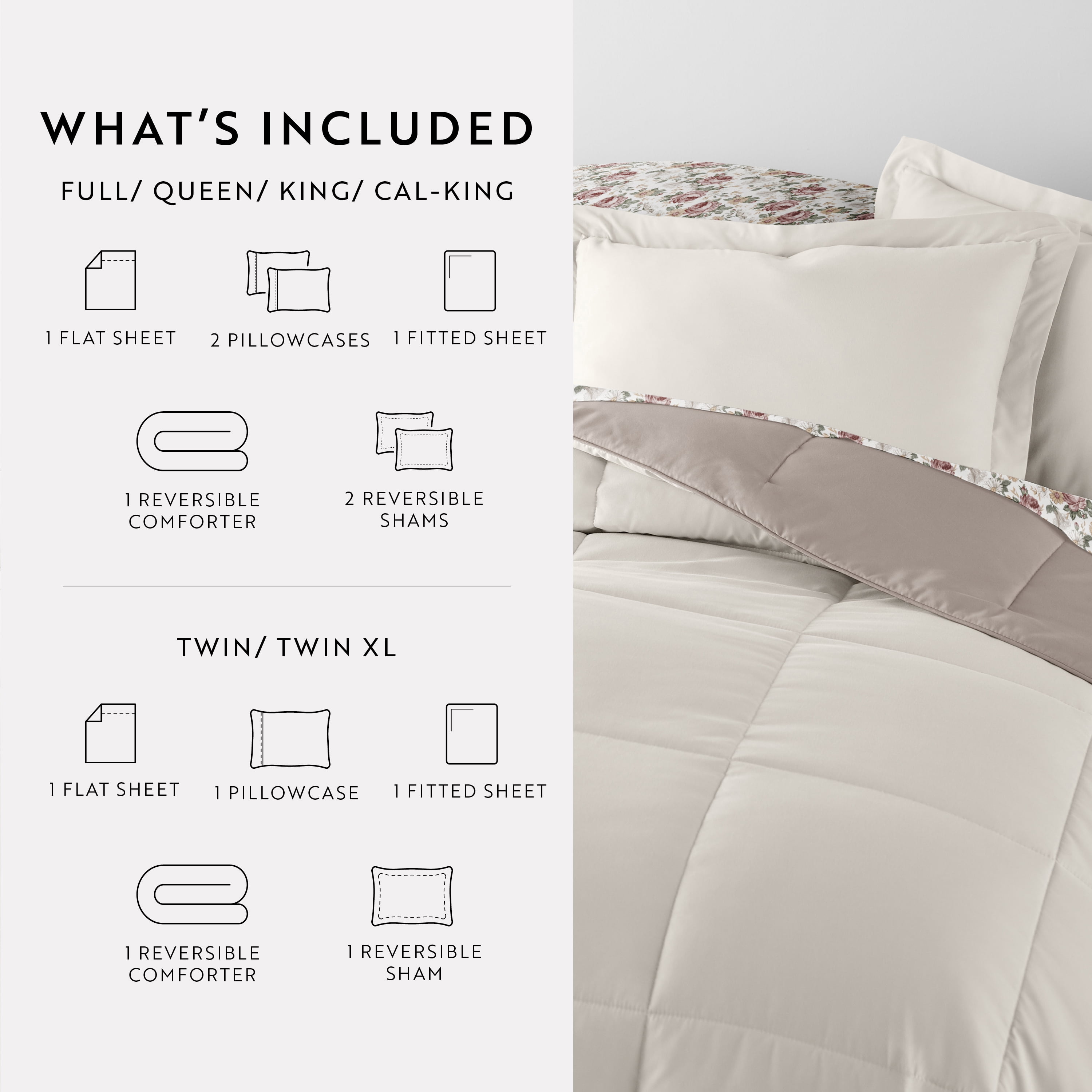Noble Linens 7 Piece Bedding Bundle, Reversible Comforter and Patterned Sheet Set, California King
