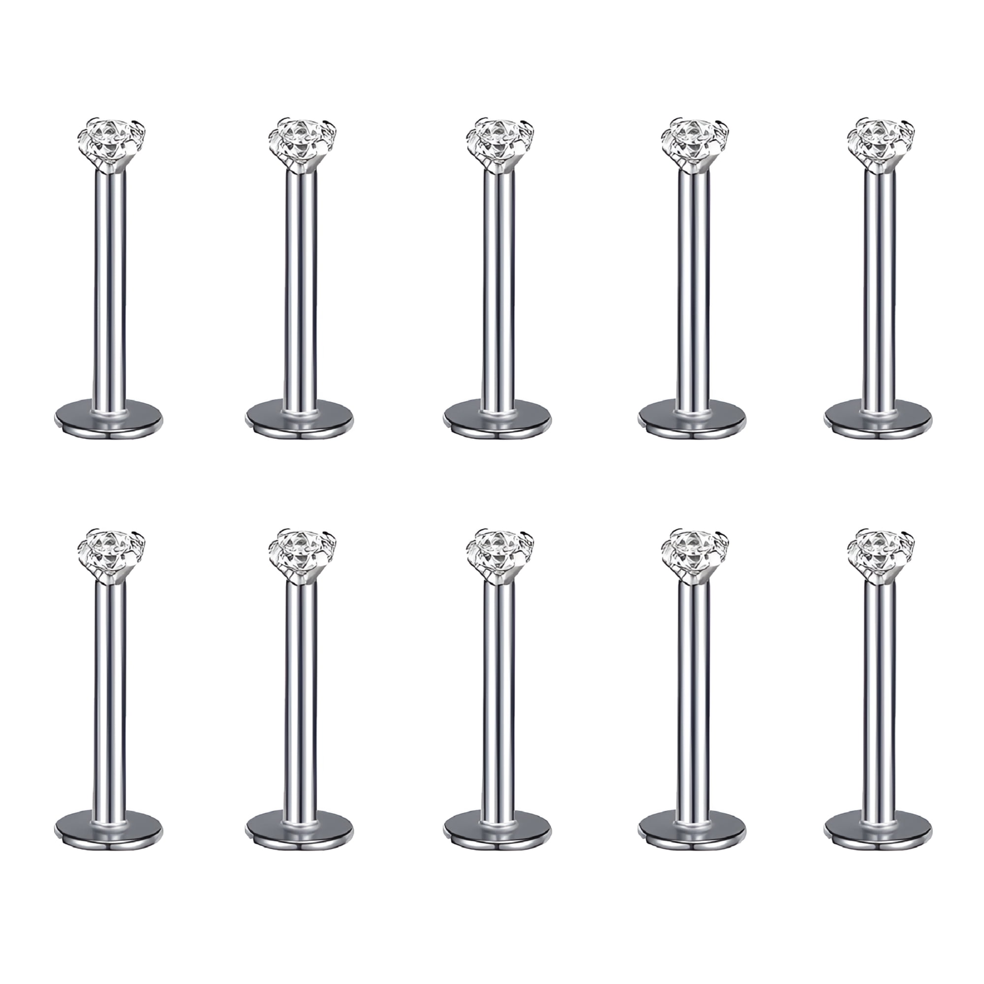DESIGNICE 10 Pcs 16G Stainless Steel Labret Lip Rings with Cubic Zirconia, Flat Back Helix Tragus Cartilage Earrings, Hypoallergenic Monroe Medusa Piercing Jewelry (Silver Black Gold Rose Gold)