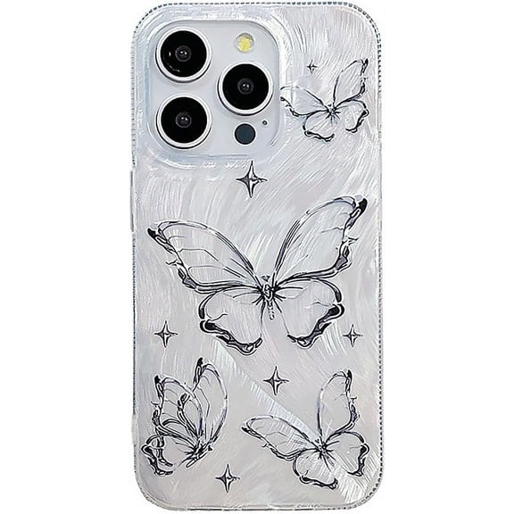 Butterfly Silver Glitter Laser Fantasy Feather Yarn TPU Case Compatible with iPhone Case (iPhone 14 Pro)