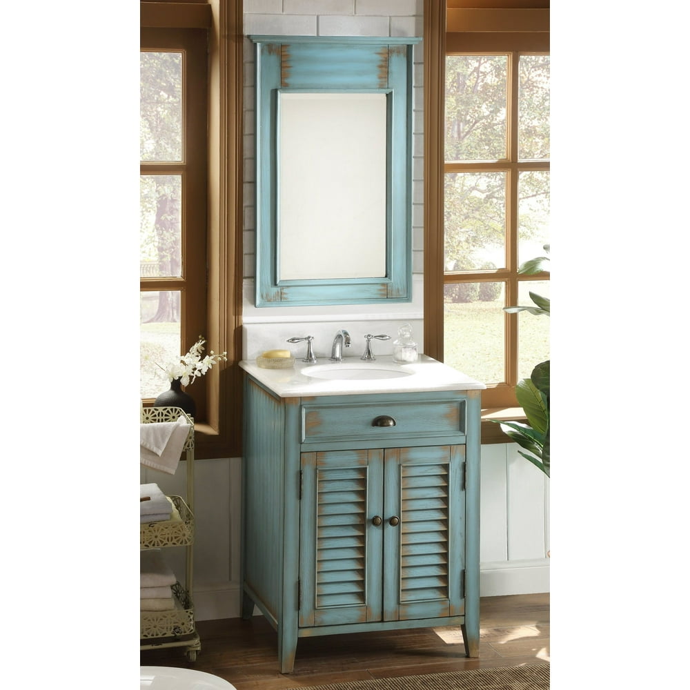 26" Benton Collection Distressed Blue Rustic Bathroom Vanity with Mirror CF28883BUBSMIR