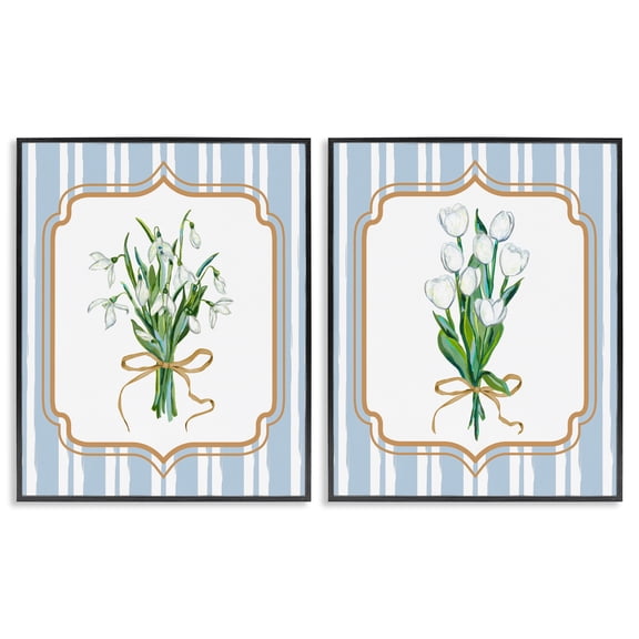 White Flowers Classic Stripes 2 Piece Black Framed Giclee Art Set, design by Adonna Ebrahimi