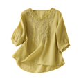 thumbnail image 4 of Yellow Womens Blouses Floral Tops Cotton Linen Shirts Boho Ethnic Style Tee Women 3/4 Sleeve V Neck Button Tunic Tshirt Ladies Tops and Blouses, 4 of 5