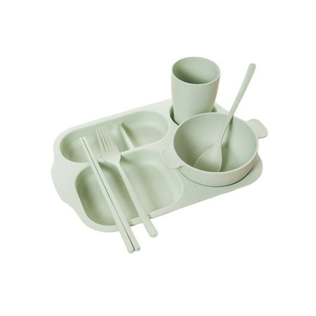 

ADVEN 6PCS/Set Children Divided Dinner Plate Bowl Water Cup Kids Tableware Compartments Dinnerware Restaurant Fork Chopsticks Green