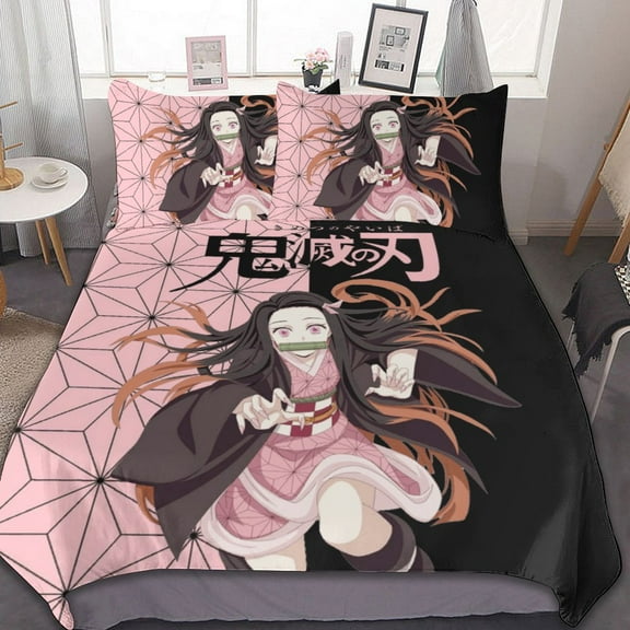 Cartoon Demon Slayer 3-Piece Bed Set Warm and Comfortable Kawaii Bedding Set Cute Soft Tanjiro Nezuko Zenitsu Bedclothes for Boys Girls Kids 86"x70"