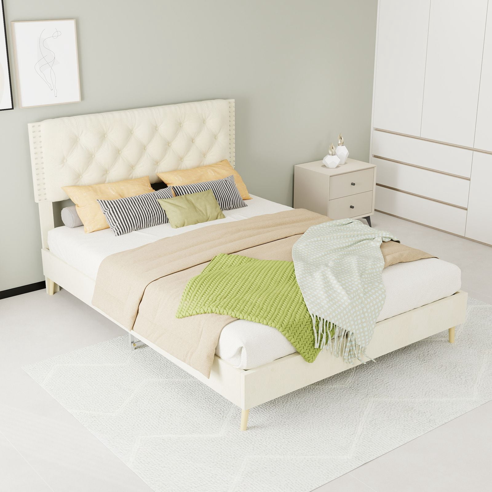 Alvantor Full Size Upholstered Bed Frame with Padded Headboard, Holland Velvet Tufted Beige