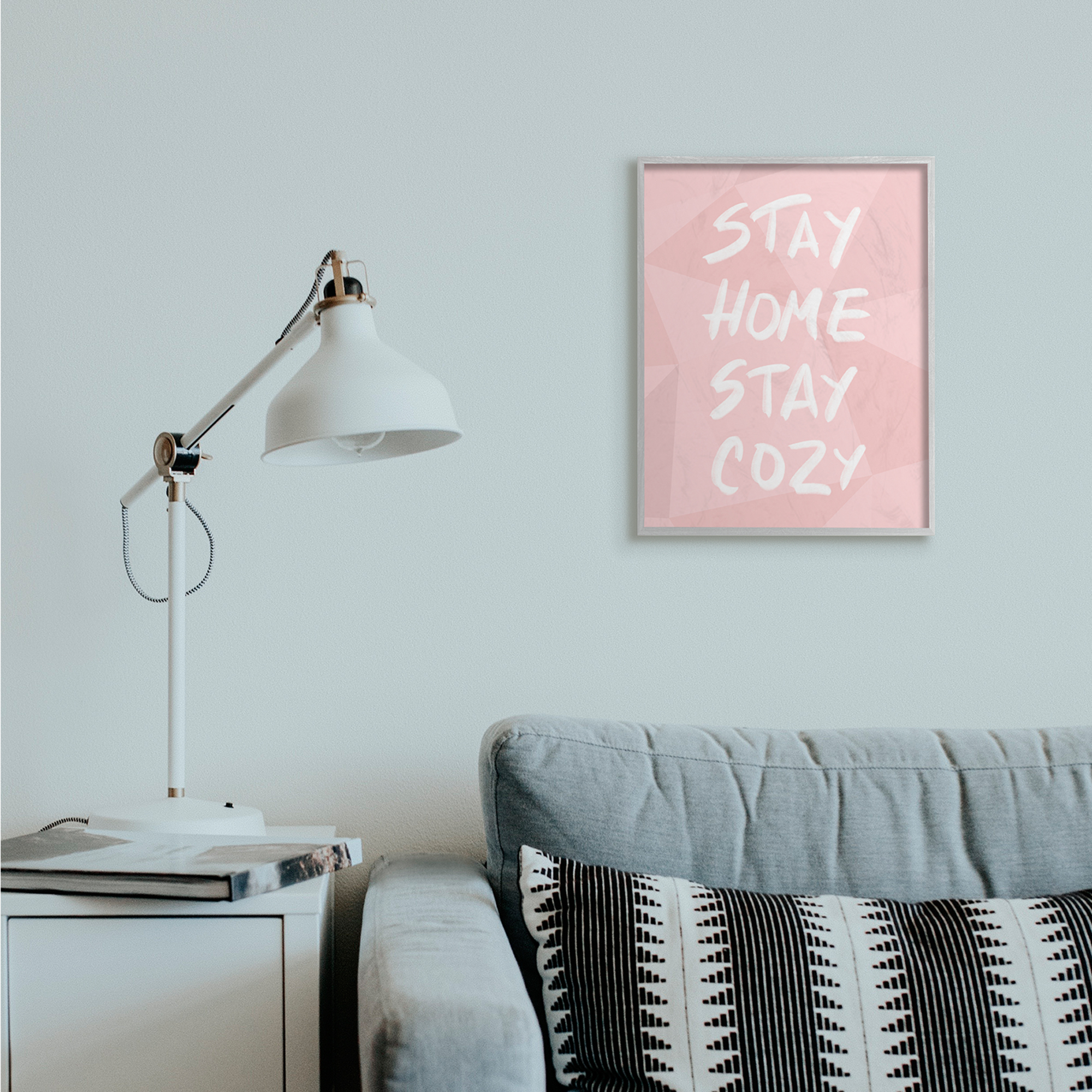 Stupell Industries Stay Home Stay Cozy Geometric Pink Pattern Gray Framed by Anna Quach