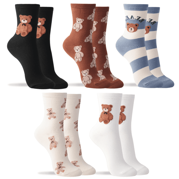 5Pairs Women's Cotton Crew Socks - Cute Bear Funny Animal Patterned - Ladies Girls Casual Socks Size 6-8