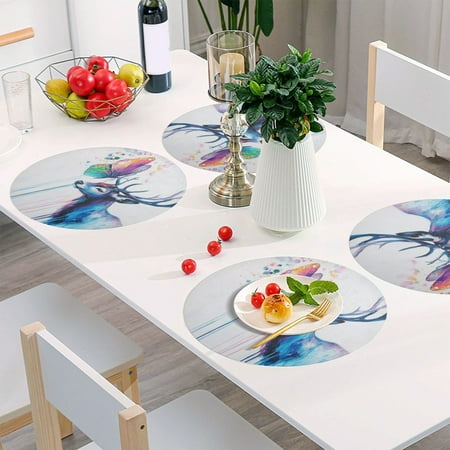 

Round Grid Placemat One Sizex6 Round Placemat PVC Plate Mat，15.4 Inch Non-Slip and Heat Resistant Table Placemat Dining Room Placemat Colorful Deer Butterfly Pattern