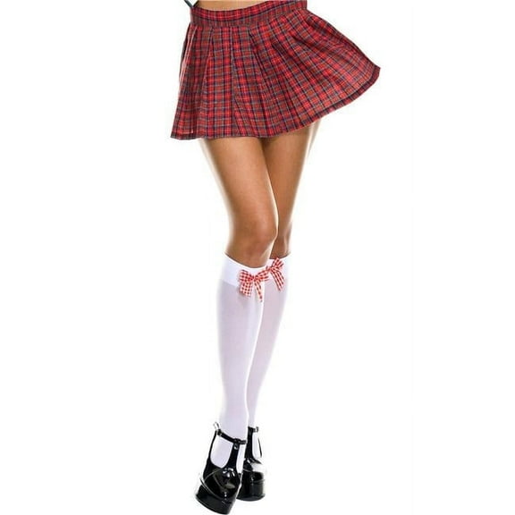 Music Legs Women's 5723-WHITE-RED Plaid Bow Opaque Knee High Socks; White & Red 5723-WHITE/RED
