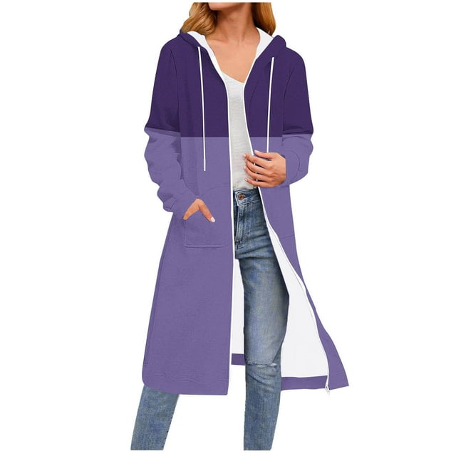 Wensltd Women's Long Jackets Zipper Hooded Sweatshirts Drawstring Long Sleeve Tops for Spring Fall