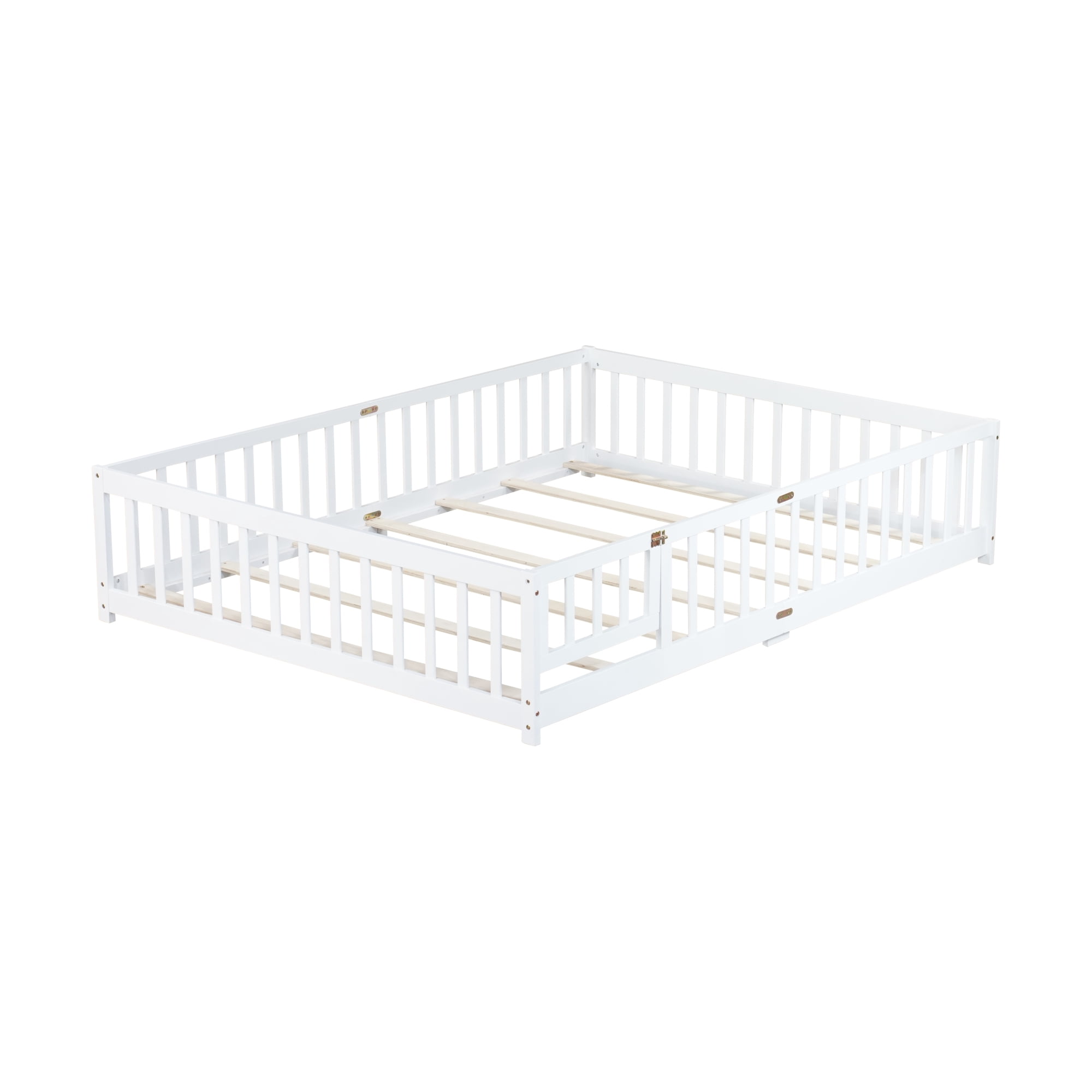 Leumius Queen Size Floor Bed with Fence and Door, Montessori Floor Bed with Safety Guardrails for Boys Girls White