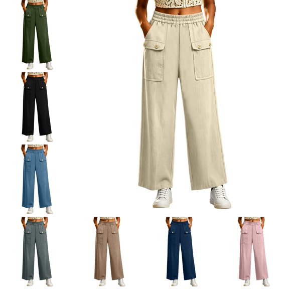 Levmjia Women High Waisted Wide Leg Pants Casual Drawstring Elastic Waist Side Pocket Loose Fit Pants for Women Daily Wear
