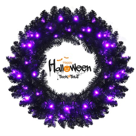 Costway - 24inch Pre-lit Christmas Halloween Wreath w/ 35 Purple LED Lights - Black