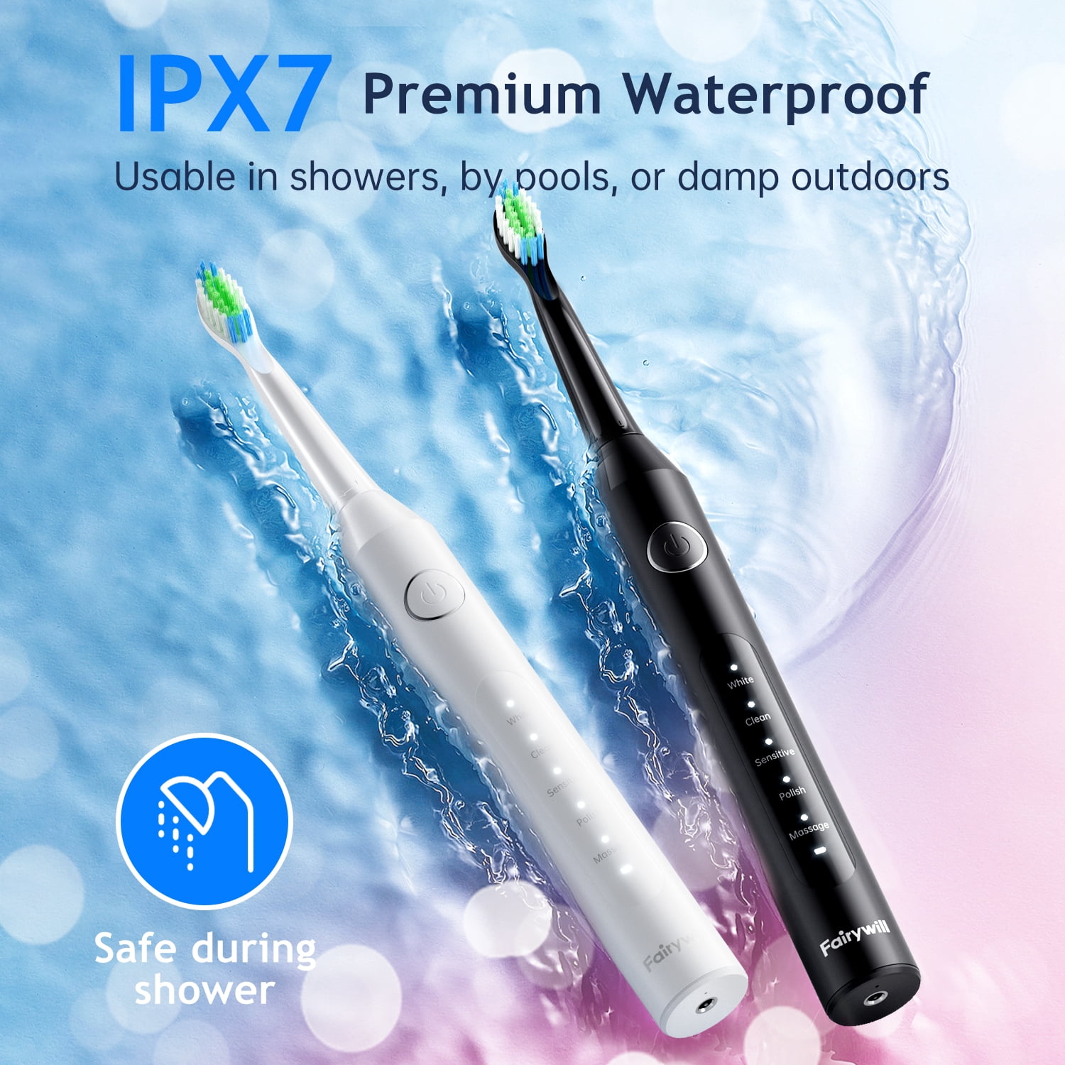 Fairywill Electric Toothbrush for Adults,Dual Pack with Travel Case 60 Day Battery Sonic Toothbrush,47,000 VPM 5 Modes IPX7 Waterproof 8 Brush Heads for Couples Family,Black & White