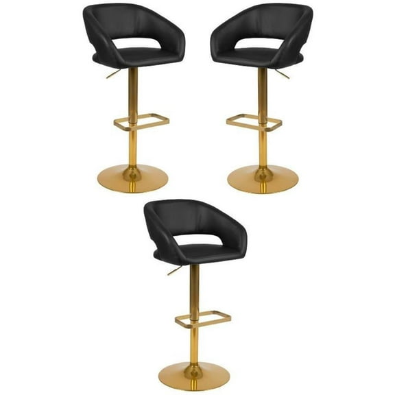 Home Square Faux Leather Adjustable Bar Stool in Black and Gold - Set of 3