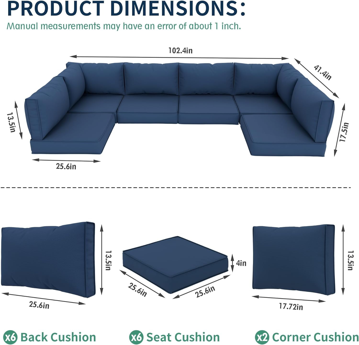 ELPOSUN Outdoor Cushions for Patio Furniture Replacement, Waterproof Patio Furniture Cushions, Deep Seat Patio Cushions, Patio Seat Cushions for Outdoor Sectional (Blue)