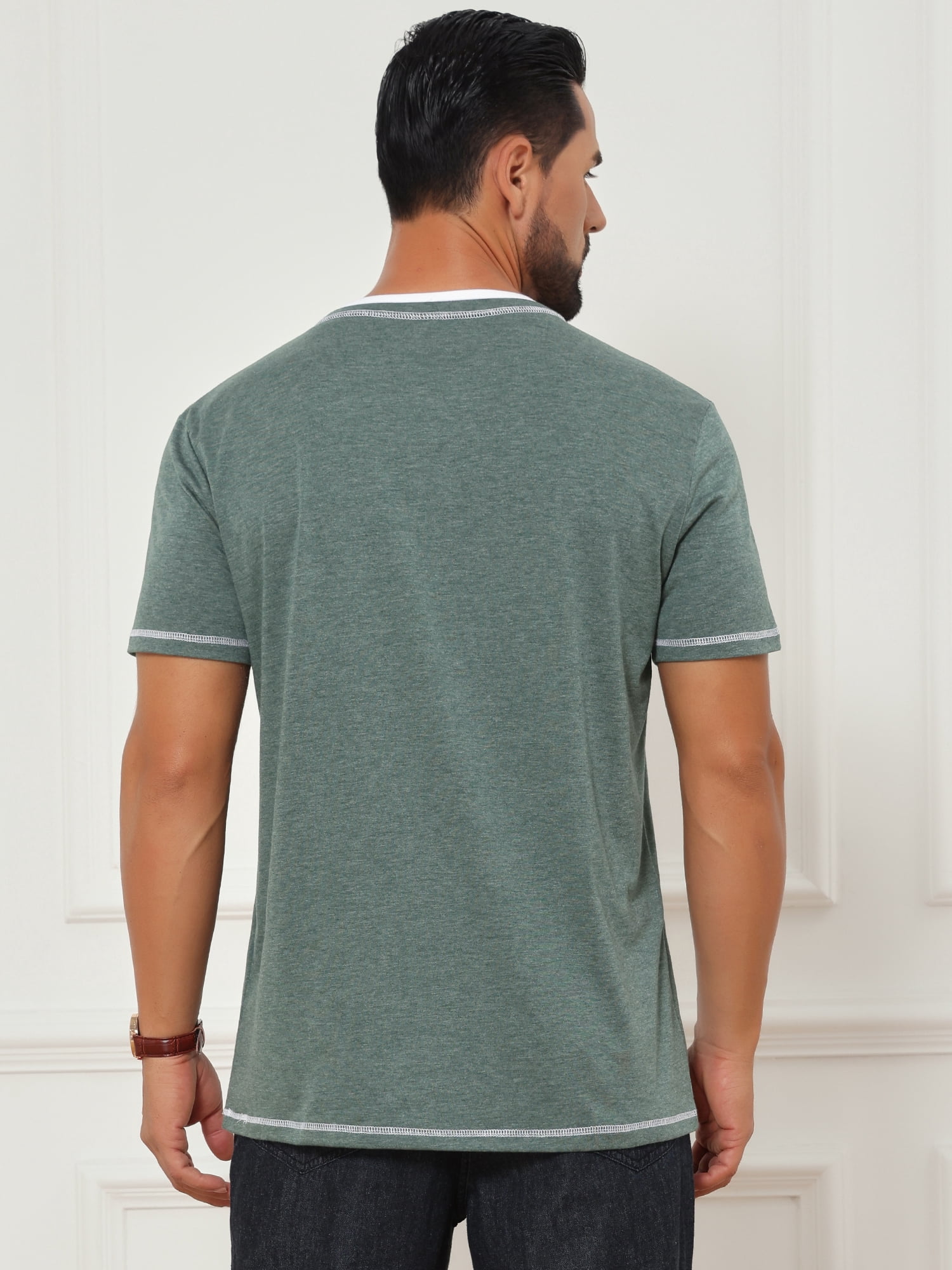 DARING DIVA Men's Henley V-Neck Colorblock Button Down Short Sleeve T-Shirt M Green