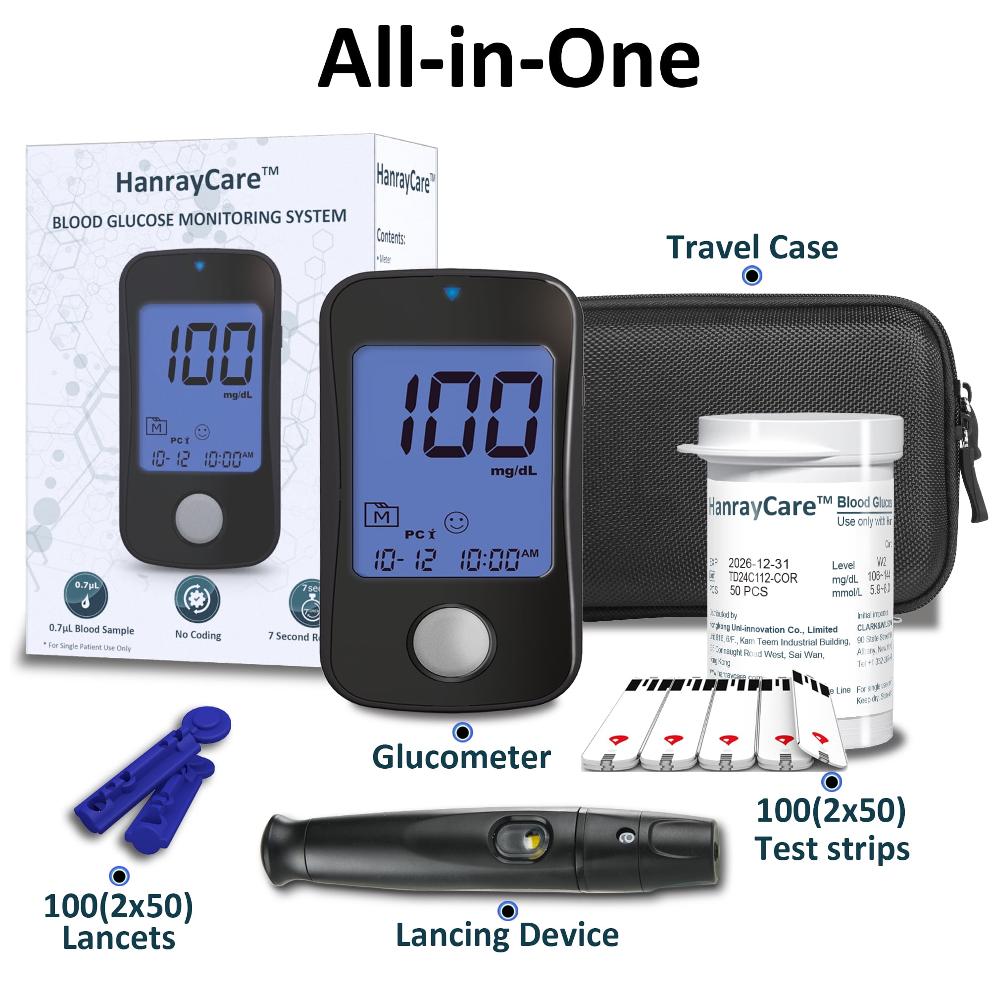 HanrayCare Blood Glucose Monitor Kit TD-4125,100 Strips,100 Lancets,No Coding Diabetes Home Test Kit