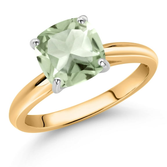 Gem Stone King 10K Yellow and White Gold Green Prasiolite Soitaire Engagement Ring for Women (2.05 Cttw, Cushion 8MM, Gemstone Birthstone, Available in Size 5, 6, 7, 8, 9)