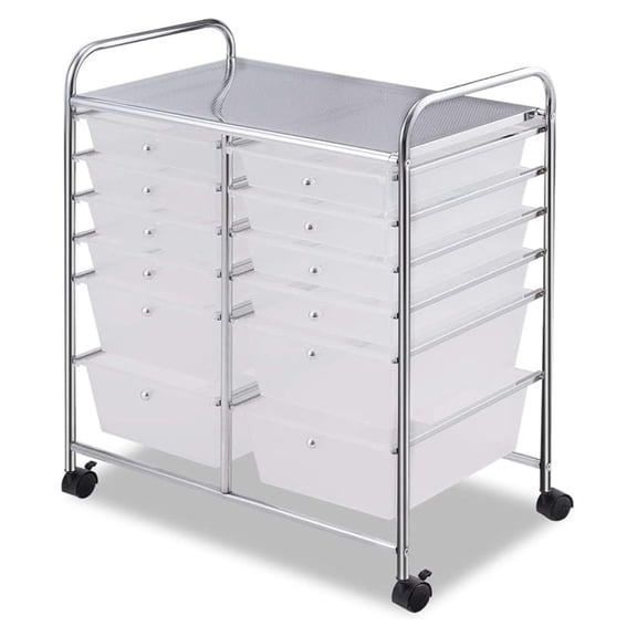 12-Drawer Rolling Storage Cart, Multipurpose Organizer Cart with 2 Sizes Plastic Drawers, Mobile Utility Cart with Lockable Casters for School, Home Office, Beauty Salon, Clear
